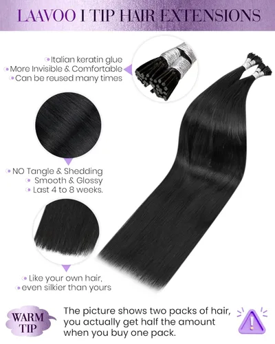 Miniatura 2 de LaaVoo Extensiones de cabello humano con puntas I Tip de color negro azabache, extensiones de cabello humano real de los años 60, sedoso y lacio