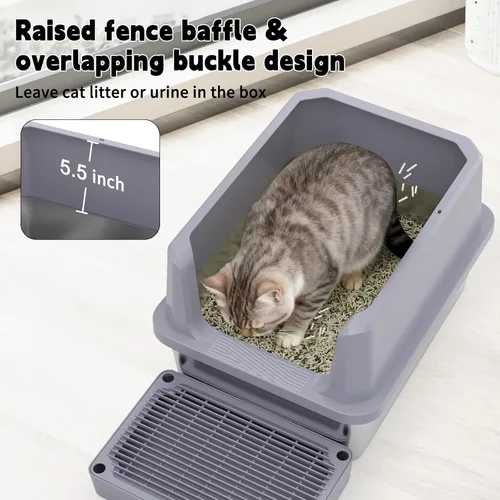 Miniatura 6 de RIZZARI Pequeña caja de arena para gatos de acero inoxidable con alfombrilla de control de seguimiento, bandeja de arena abierta y fácil de limpiar