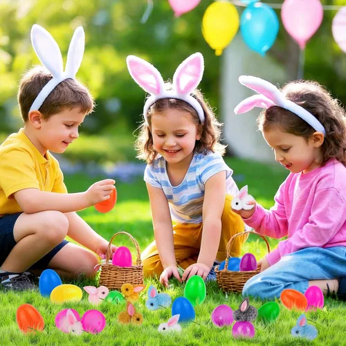 Miniatura 5 de Paquete de 24 rellenos de huevos de Pascua con conejito de Pascua de peluche con juguetes en el interior, mini animales de peluche de Pascua, huevos