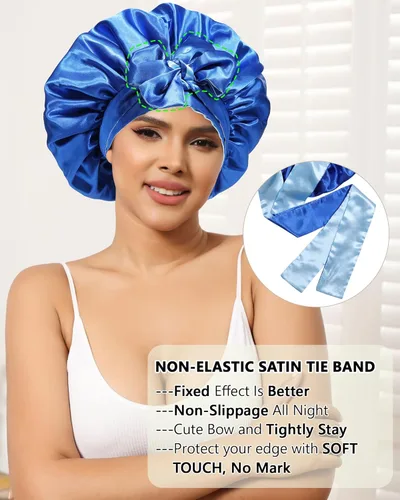 Miniatura 5 de AWAYTR Gorro de satén de seda para dormir para mujeres con cabello rizado, gorro de dormir reversible de doble capa con banda de amarre (azul) 7