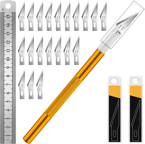 Miniatura 16 de DIYSELF 1 Pieza Cuchillo de Manualidades Cuchillo de Hobby con Kit de 11 Piezas Cuchillas de Acero Inoxidable, 1 Regla de Acero de 15CM para Arte