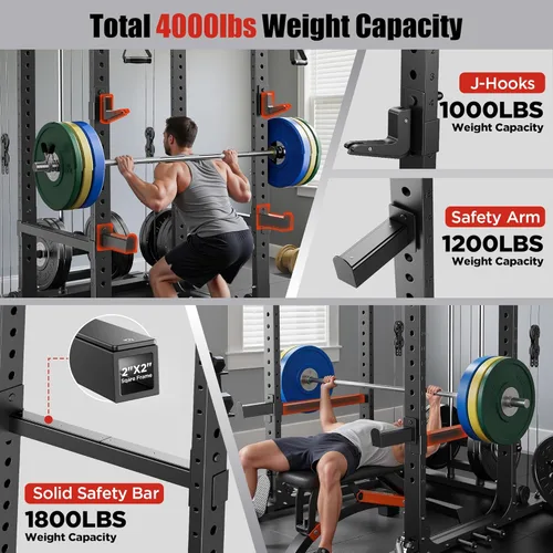 Miniatura 3 de Sportsroyals Jaula de Potencia, Rack de Potencia Multifuncional de 1600 libras con Sistema de Cruce de Cable Ajustable y Más Accesorios de Rojo/negro