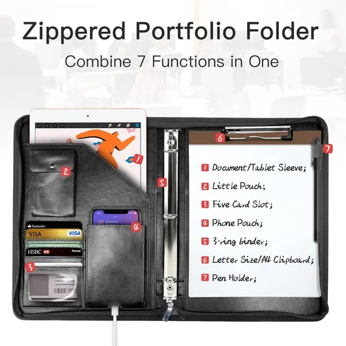 Miniatura 2 de Organizador de Portafolio con Cremallera, WRIYES Portafolio de Cuero con Carpeta de 3 Anillas, Carpeta Profesional de Negocios, Organizador