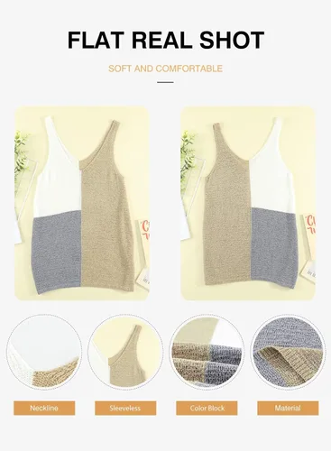 Miniatura 4 de HOTAPEI - Camisetas sin mangas con cuello en V, de punto, estilo casual, con bloques de color, a rayas, para mujer