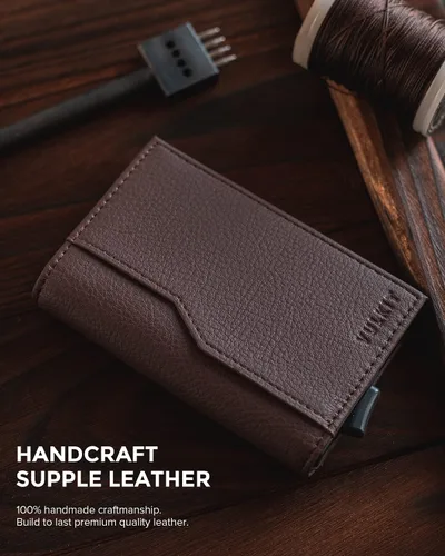 Miniatura 4 de VULKIT Tarjetero con ventana de identificación tarjetas emergentes cartera delgada de cuero con protección RFID hasta 12 tarjetas Marrón oscuro