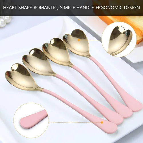 Miniatura 3 de 4 cucharas de postre, 6.7 pulgadas, en forma de corazón rosa, cucharas de helado de acero inoxidable 18/10