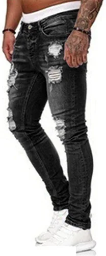 Miniatura 2 de HUNGSON Pantalones de mezclilla ajustados para hombre, elásticos, rasgados, rasgados, con rayas laterales
