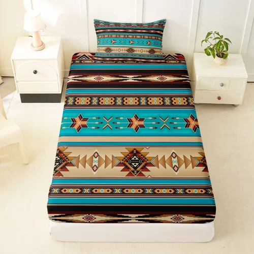 Miniatura 49 de Juego de ropa de cama de estilo bohemio occidental, tamaño individual, diseño de vaca atrapasueños, sábana bajera ajustable del suroeste, tribu