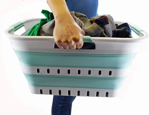 Miniatura 7 de SAMMART Cesta de plástico plegable de 3 asas de 30 litros (8 galones), contenedor de almacenamiento plegable y organizador para ahorrar espacio
