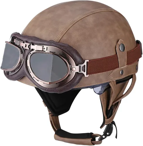 Miniatura 6 de Casco retro de cuero vintage para motocicleta, para hombres y mujeres, adultos, para scooter, bicicleta, crucero, con gafas y lente solar