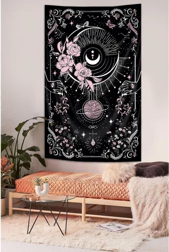 Miniatura 7 de Riyidecor Tapiz vertical de mujer misteriosa de fase lunar, bohemio, pequeño, gótico, para colgar en la pared, plantas florales, hojas estrelladas