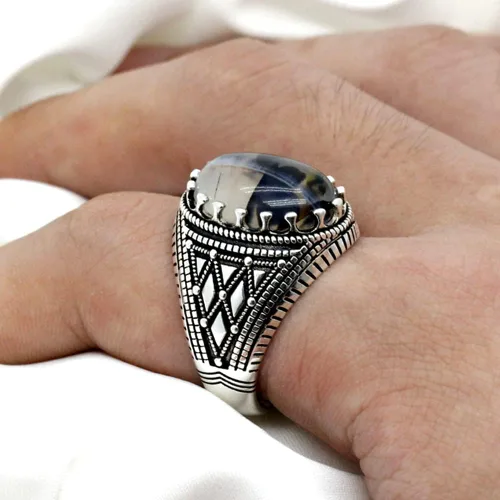 Miniatura 5 de Anillo de plata de ley 925 maciza para hombre, piedra de ónix oceánico, anillo punk de alta joyería estilo turco