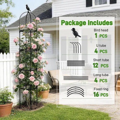 Miniatura 7 de Enrejado de obelisco de jardín de 6 pies para plantas trepadoras, tubo de metal inoxidable con revestimiento de plástico resistente, soporte de Negro