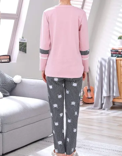 Miniatura 2 de Vopmocld Conjunto de pijama de gatos lindos para niñas grandes, 2 piezas, ropa de dormir de algodón para invierno