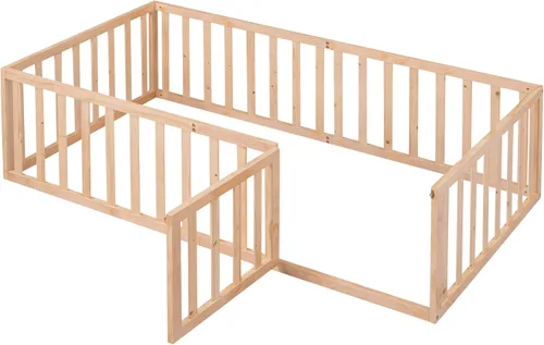 Miniatura 5 de MERITLINE Base de cama de tamaño individual para niños, cama de madera para niños con valla, cama Montessori con puerta, para niños mayores de 6