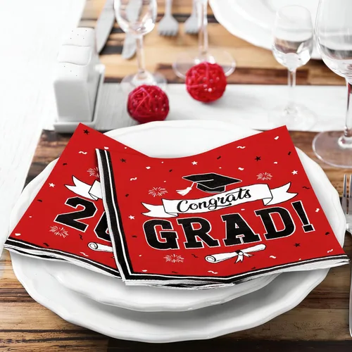 Miniatura 6 de Paquete de 50 servilletas de graduación para la clase de 2026, 6.5 x 6.5 pulgadas, servilletas de graduación rojas, pañuelos de papel clásicos