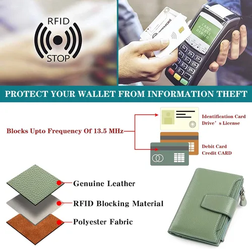Miniatura 6 de FALAN MULE - Cartera de cuero auténtico para mujer, pequeña plegable , compacta, con interferencia de radiofrecuencia (RFID)