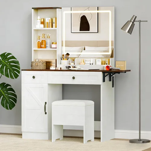 Miniatura 18 de KAMABOKO Escritorio de tocador con luz y espejo, mesa de maquillaje blanca con cajones y estación de carga, 3 modos ajustables para dormitorio y 042