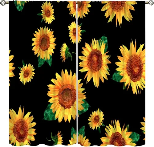 Miniatura 27 de Sunflower Curtains for Living Room Bedroom, Spring Nature Blue Sky and Butterfly Window Drapes, Rustic Wooden Fence Floral Botanical Decor, 2 Panels