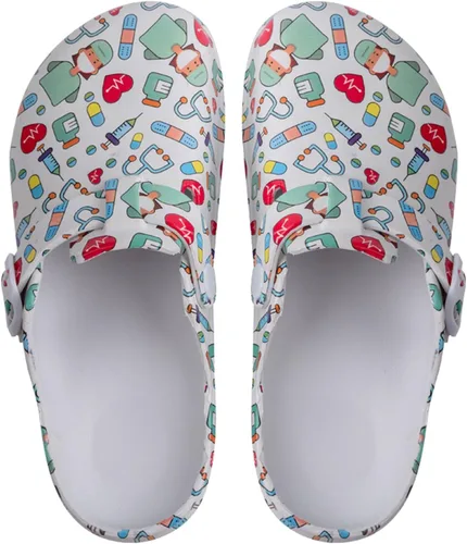 Miniatura 12 de Zuecos de jardín para mujer, zapatos cómodos de EVA sin cordones, bonitos zuecos impermeables impresos para enfermeras, hogar, exteriores, cocina