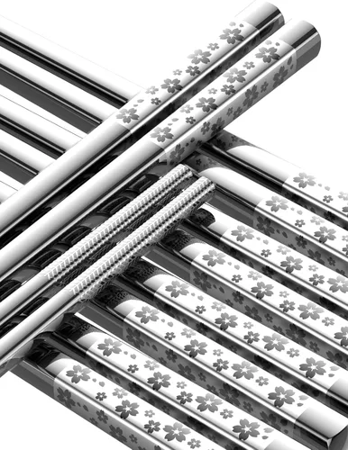 Miniatura 11 de FOFAYU Palillos de metal reutilizables, 5 pares de palillos de acero inoxidable multicolor, aptos para lavavajillas, cuadrados, ligeros