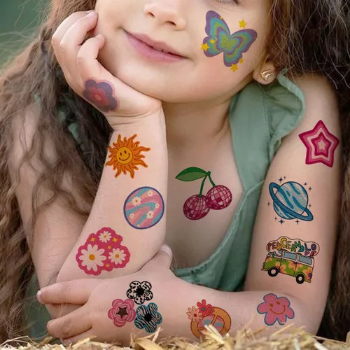 Miniatura 4 de CHARLENT Tatuajes temporales con purpurina Groovy de los años 70 para niños, 74 hojas individuales con purpurina retro Flower Power, decoración