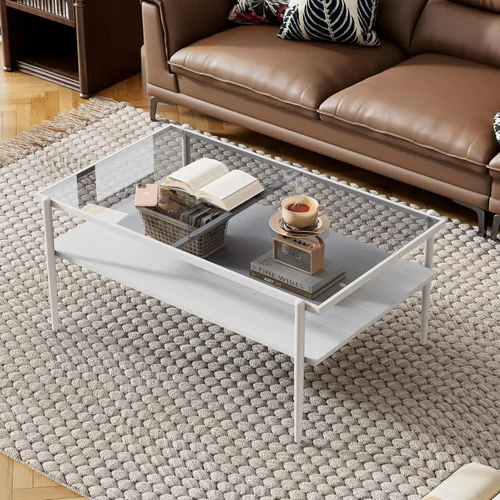 Miniatura 12 de Mesa de centro de cristal para sala de estar, mesa de centro de 2 niveles de mediados de siglo, mesa central con parte superior de vidrio templado