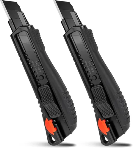 Miniatura 10 de HAUTMEC Cuchillo utilitario de 18 mm con agarre suave y bloqueo automático con interruptor de seguridad rojo, cortador resistente con hoja negra