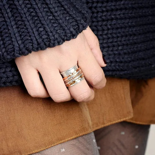 Miniatura 6 de Boho-Magic Anillo giratorio para mujer, plata de ley 925 con bandas de cobre y latón anchas, Metal