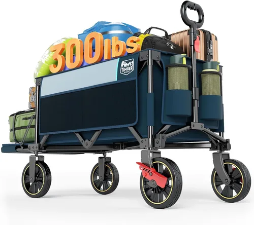 Timber Ridge Carro plegable extra largo de 49 pulgadas con portón trasero y frenos, carro plegable resistente de 300 libras con mango ajustable, Azul