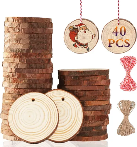 Artmag Rebanadas de madera natural, 40 piezas de 2 a 2.4 pulgadas, sin terminar, manualidades preperforadas con agujero, círculos redondos de madera