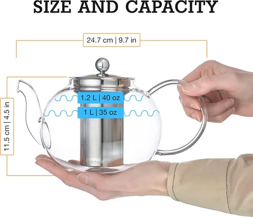 Miniatura 5 de Tetera para estufa, segura. Capacidad para 4 a 6 tazas. Tetera de vidrio con infusor y filtro extraíble de acero inoxidable. Incluye 4 tazas