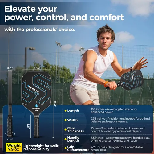 Miniatura 4 de Juego de 2 palas de pickleball Bravixs aprobadas por USAPA, fibra de carbono T700 en bruto, raquetas de pickleball con superficie de fricción, con 4
