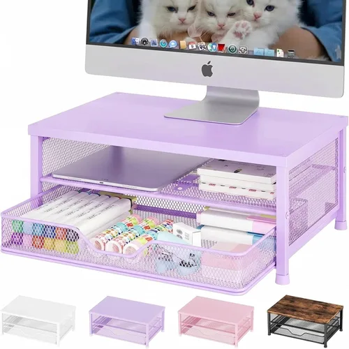 Miniatura 15 de OPNICE - Organizadores y accesorios de escritorio, con soporte de monitor de computadora de 2 niveles, cajón y 2 soportes para bolígrafos, Roble