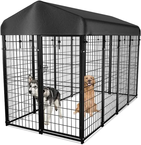 Perrera para perros exteriores con techo, 8 x 6 x 4 pies para perros grandes, jaula soldada de alta resistencia con cubierta impermeable resistente