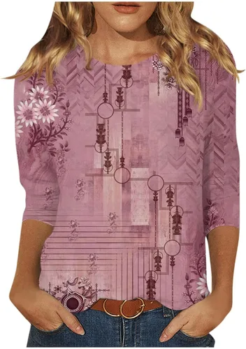 34 Length Sleeve Womens Tops Boho Floral Graphic Print Shirts Blouses Casual Vintage 2023 Fall Fashion T Shirt