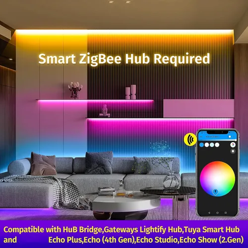 Miniatura 4 de GIDERWEL Kit de luces de tira LED ZigBee RGBW inteligentes ajustable de 10 m con controlador ZigBee 3.0, funciona con Hub Bridge Echo Plus