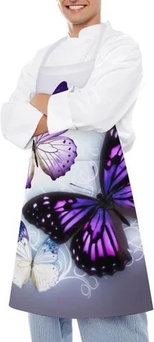 Miniatura 4 de Personalized White Purple Butterflies Adult Apron, Kitchen Cooking Aprons for Woman Man, Adjustable Bib Apron with Pocket for Baking, BBQ Crafting