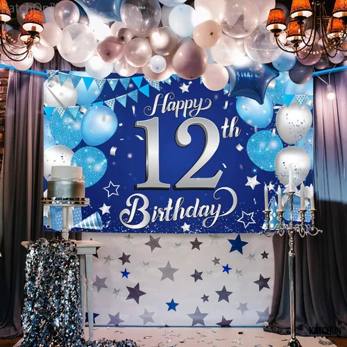 Miniatura 4 de KatchOn, Cartel de feliz cumpleaños número 12, 72 x 44 pulgadas, decoración de fiesta de feliz cumpleaños número 12 azul y plateado para niños