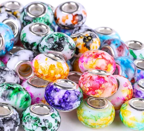 Miniatura 18 de 100 Piezas Cuentas Espaciadoras Europeas de Agujero Grande de 0.551 pulgadas, Mezcla de Colores con Núcleos de Latón Plateado Surtidos Cuentas