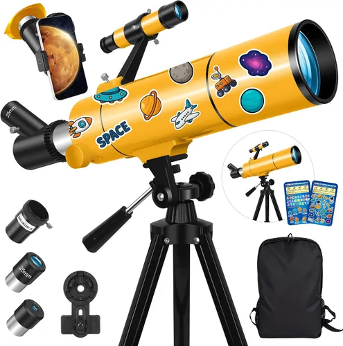 MEEZAA Telescopio para adultos y niños, apertura de 80 mm, telescopio refractor portátil de 500 mm para principiantes de astronomía, telescopios