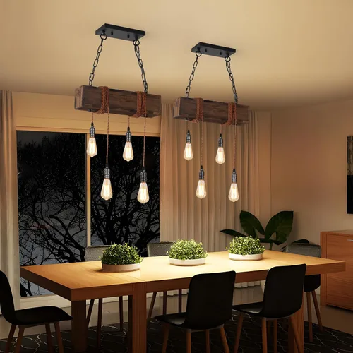 Miniatura 3 de KEESFU 4 luces colgantes de granja para isla de cocina, luz colgante de techo de madera rústica, altura ajustable, lámpara de comedor para isla