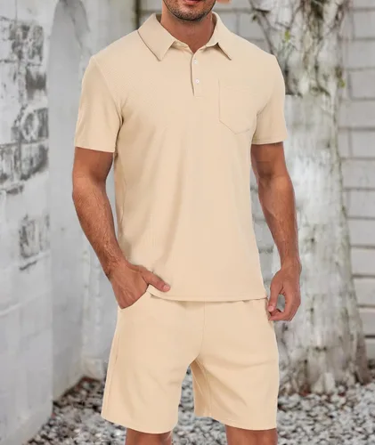 Miniatura 2 de Conjunto de camisa polo y pantalones cortos para hombre, conjunto de 2 piezas, de verano, casual, de punto gofre, de manga corta, para hombre