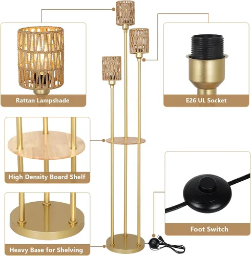 Miniatura 4 de Lámpara de pie bohemia con estantes, lámpara de pie alta de granja de 3 luces con interruptor de pie de encendido/apagado, lámparas de pie modernas