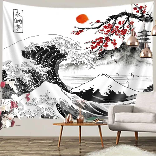 Miniatura 10 de Viajar Japanese Cherry Blossom Tapestry, Pink Sakura Landscape Wall Hanging with Red Moon Pagoda Bridge Waterfall, Asian Aesthetic Wall Decor for