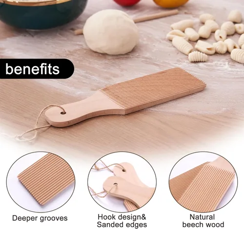 Miniatura 3 de Juego de tabla de ñoquis de madera, tabla de pasta y paletas de mantequilla con 3 rodillos y bolsa de almacenamiento, máquina de pasta de cavatelli