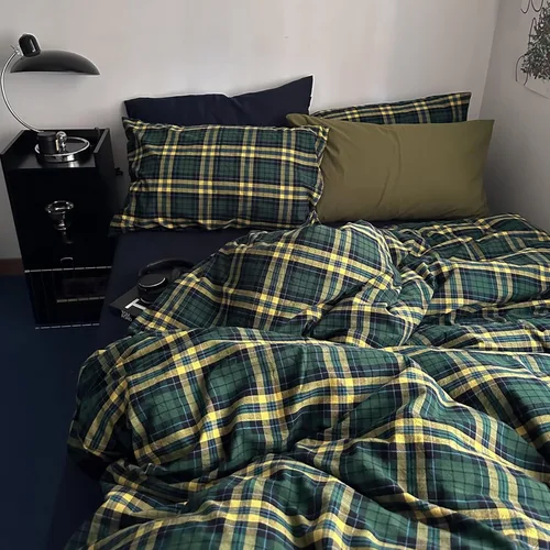 Miniatura 7 de MKXI Juego de funda de edredón a cuadros de tamaño individual, color verde bosque y amarillo mostaza, ropa de cama de 3 piezas de algodón lavado