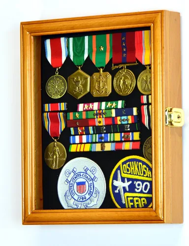 Miniatura 2 de XS - Caja de exhibición militar para medallas, pasadores, parches, insignias, cintas, insignias, 98% con bloqueo UV Roble