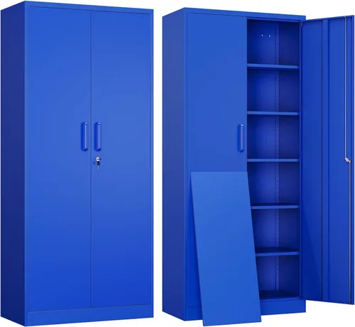 Miniatura 12 de Yizosh Armario de almacenamiento de metal para garaje con 2 puertas y 5 estantes ajustables, gabinete de archivo de acero con cerradura de 71