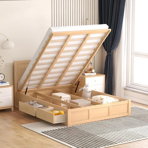 Miniatura 14 de RUNNA Elegante cama de plataforma de tamaño Queen con estantes extraíbles, cama de almacenamiento de madera con nido de tamaño individual